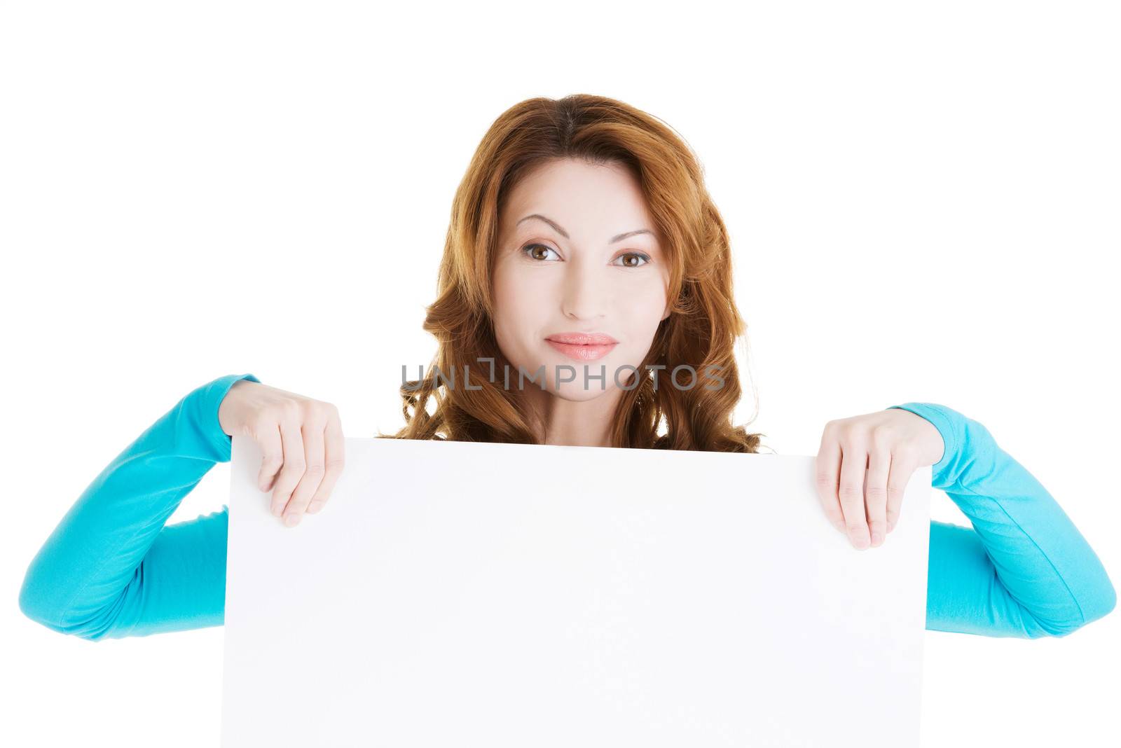 Portrait of happy woman with blank board , isolated on white