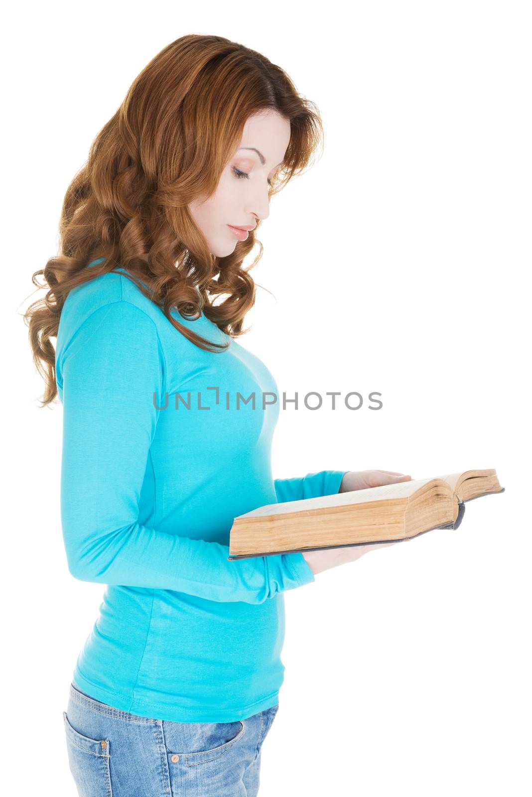 Attractive adult woman with books, isolated on white