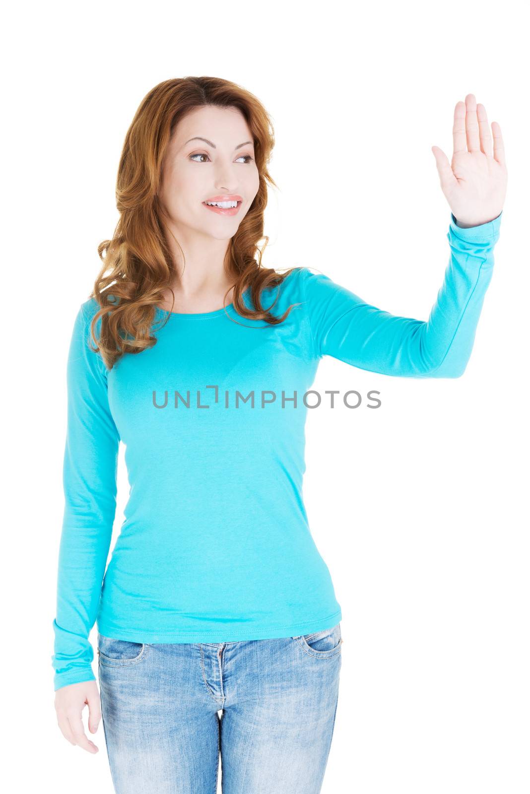 Beautiful woman making choose on abstract screen by BDS