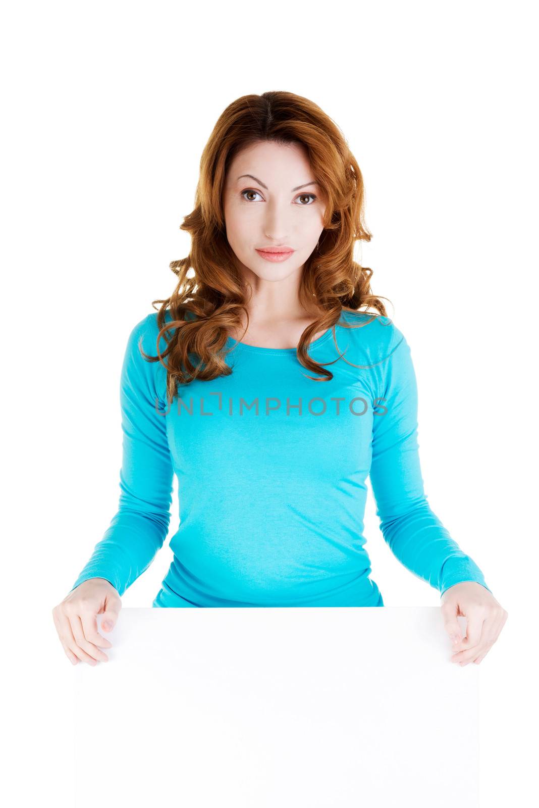 Portrait of happy woman with blank board , isolated on white