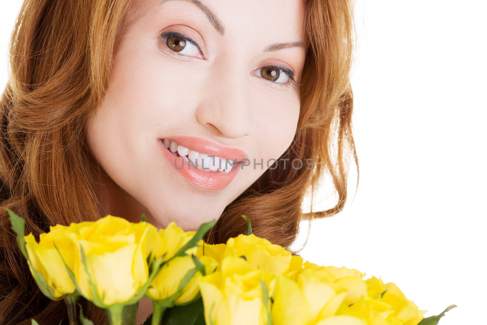 Happy woman with yellow roses by BDS