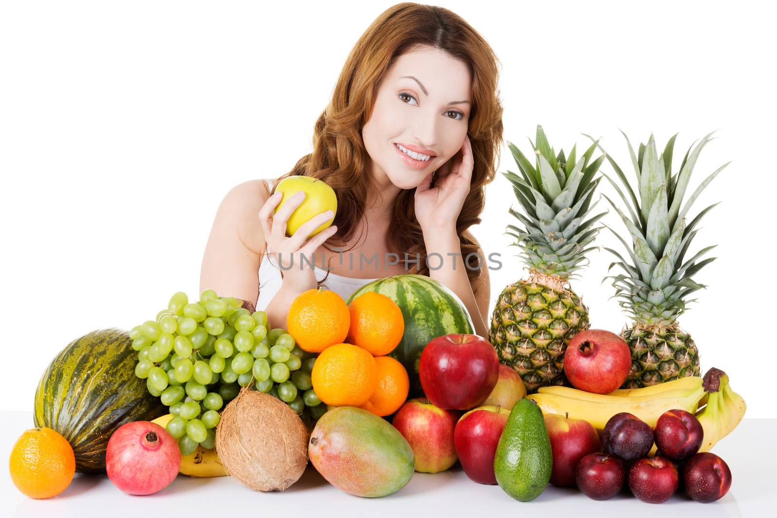 Beautiful woman with fruits, isolated on white