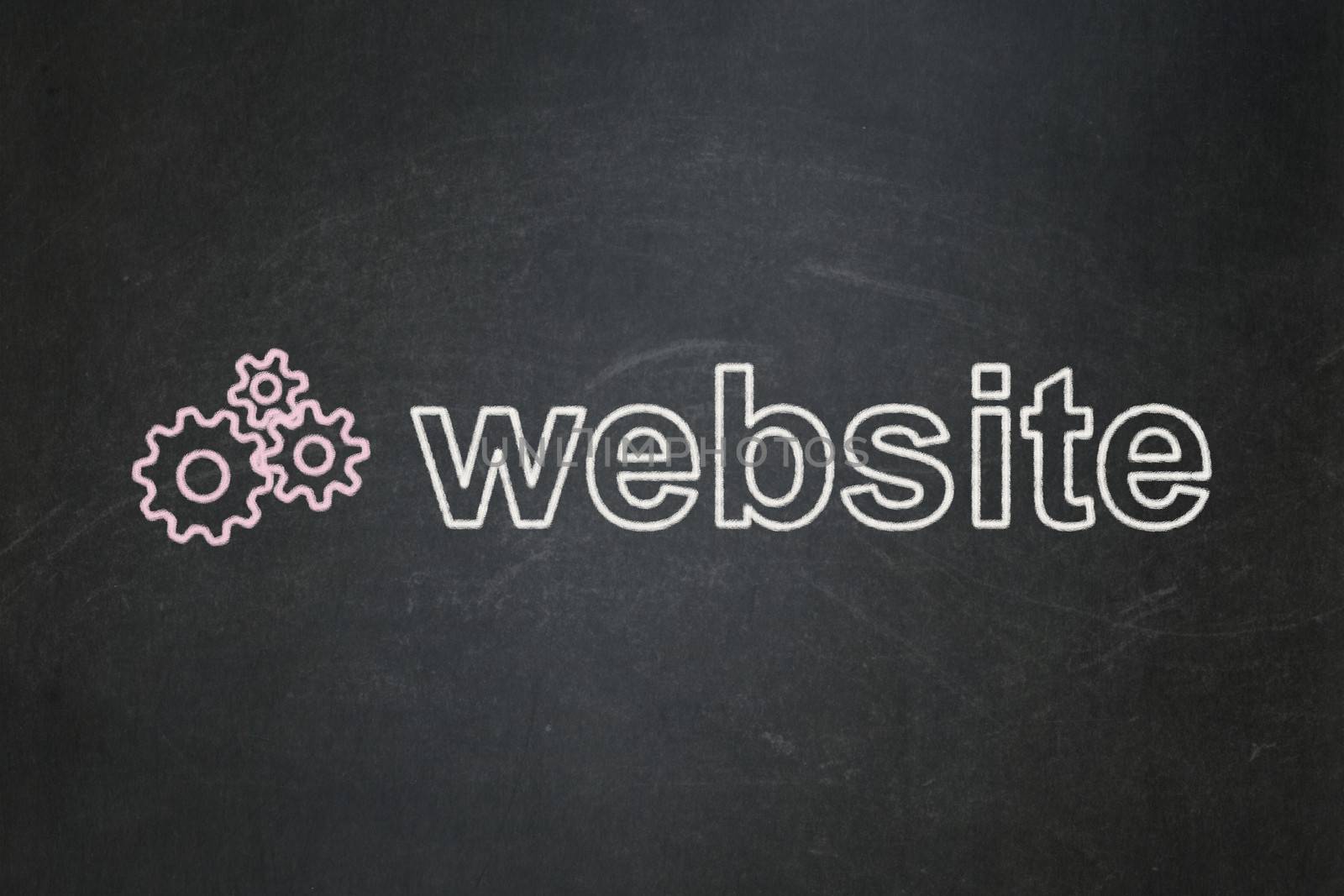 Web development concept: Gears icon and text Website on Black chalkboard background, 3d render