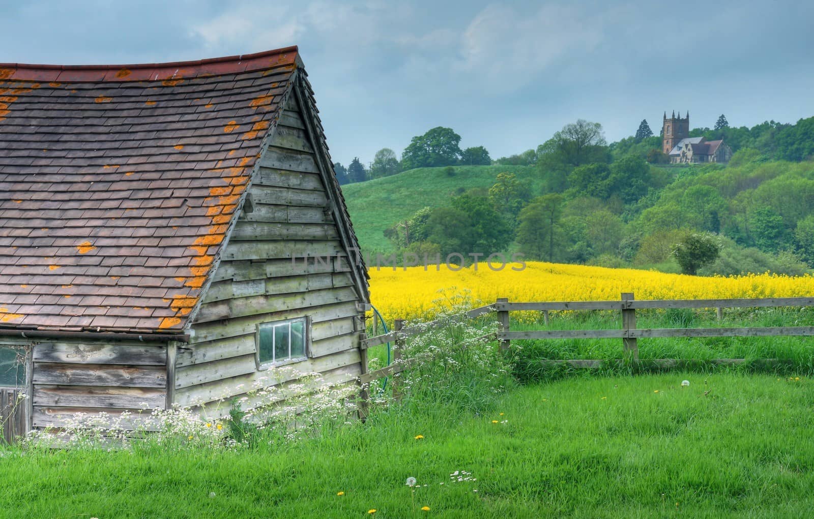 View from the old cowshed towards Hanbury Church, Worcestershire, England.