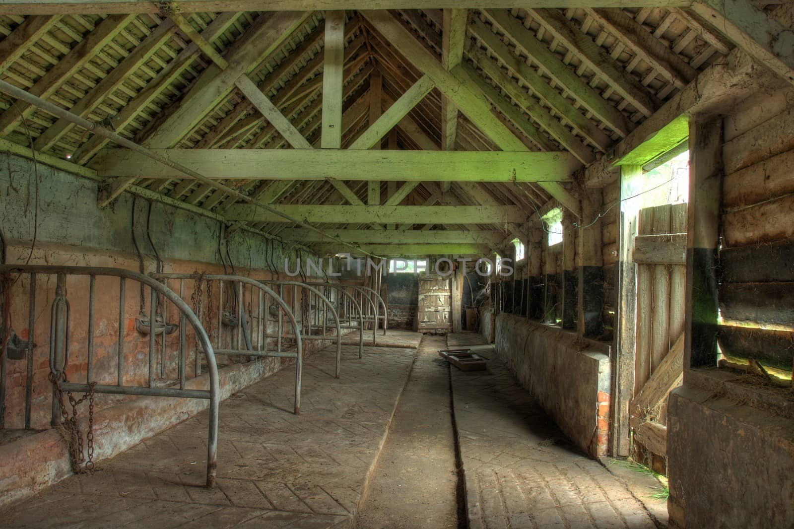 Interior view of old cowshed, Worcestershire, England.