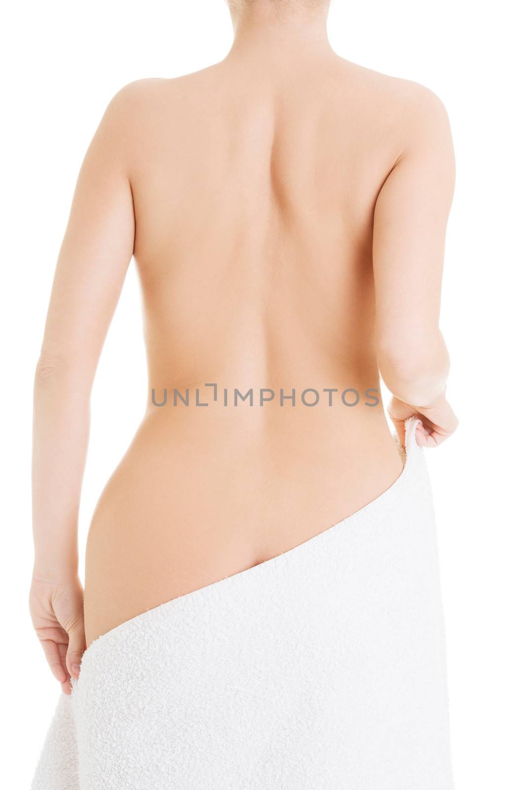 Beautiful nude woman after bath or spa with towel , isolated on white