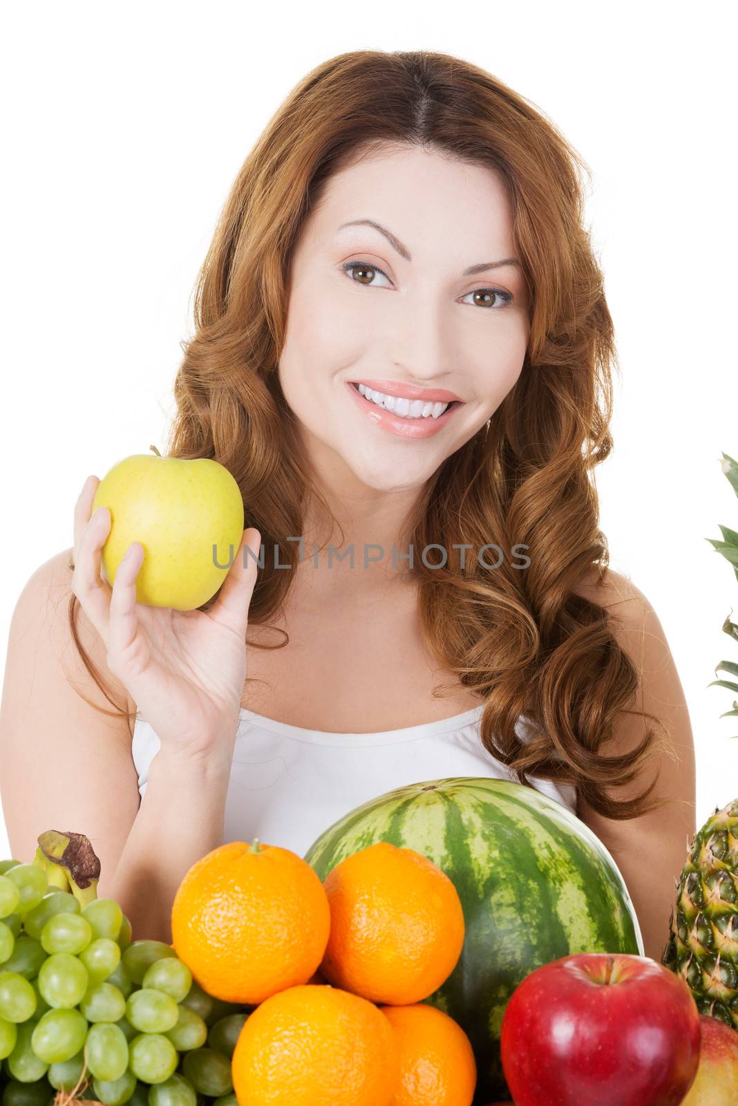 Beautiful woman with fruits, isolated on white