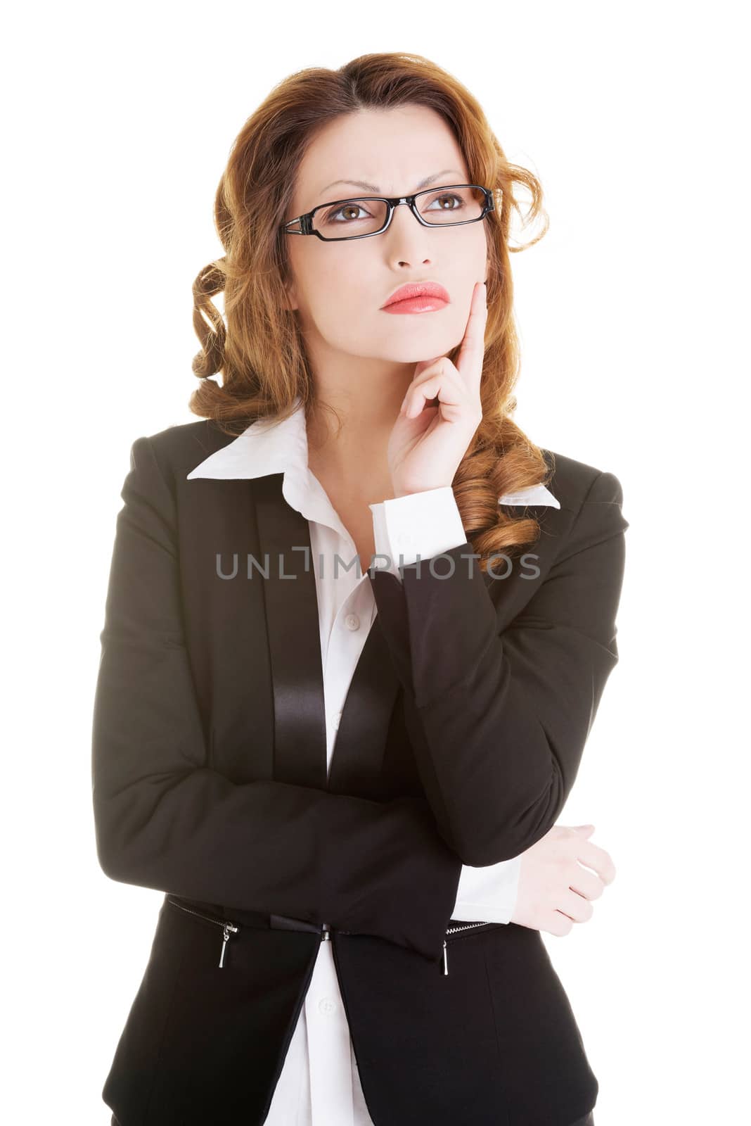 Thoughtful businesswoman, isolated on white