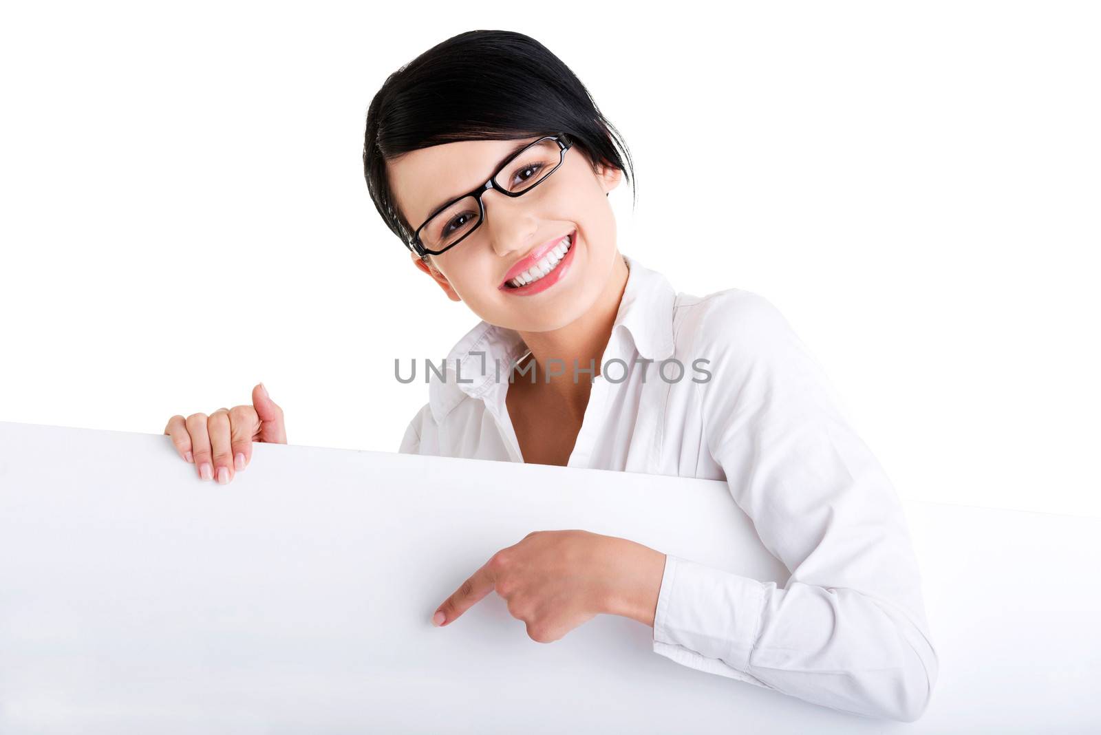 Business woman showing blank signboard by BDS