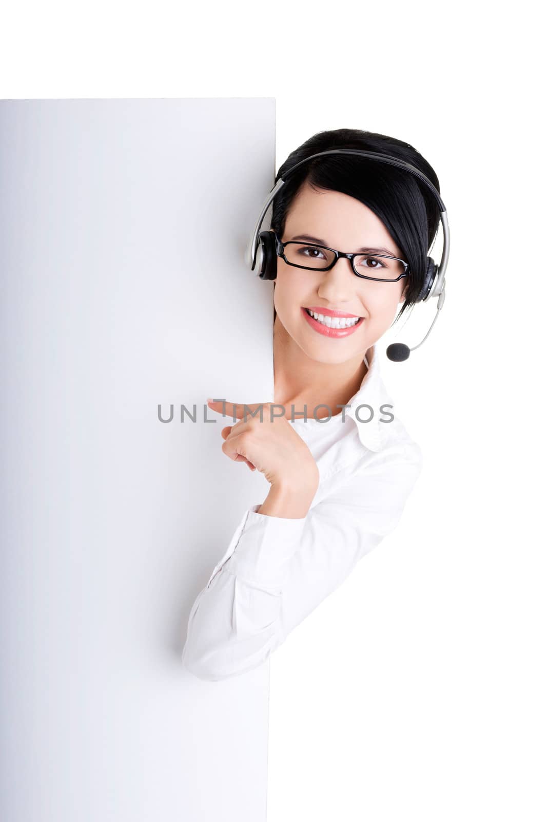 Call center worker holding blank sign board by BDS