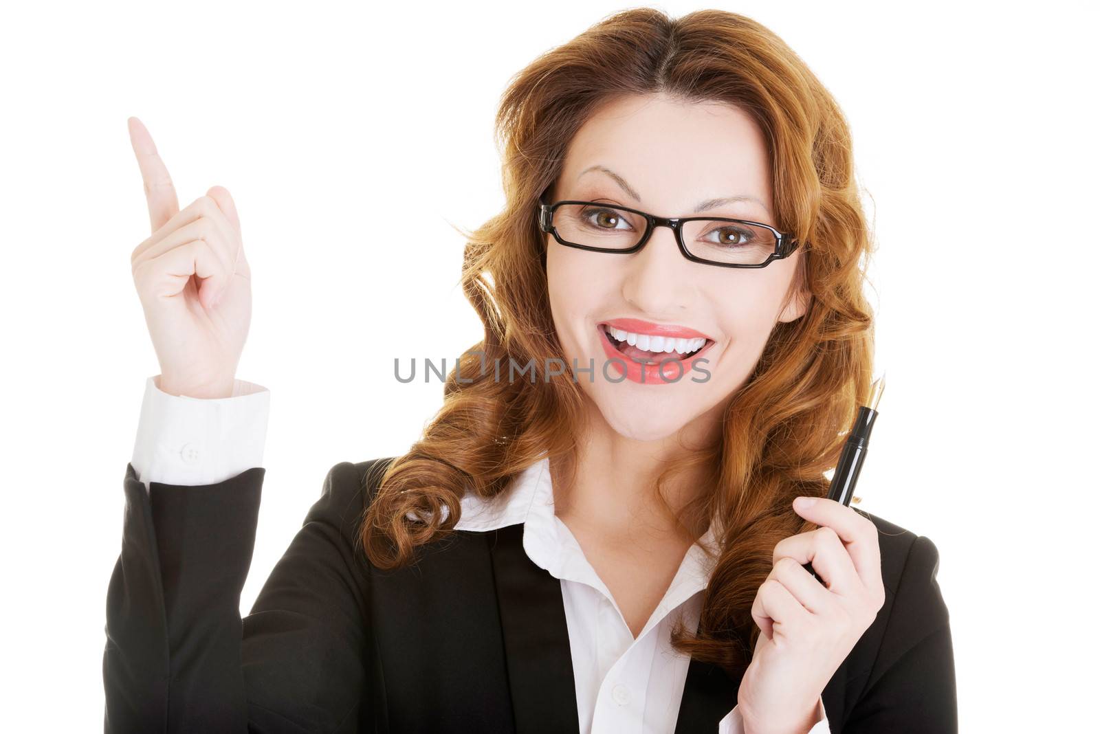 Happy business woman showing copy space by BDS
