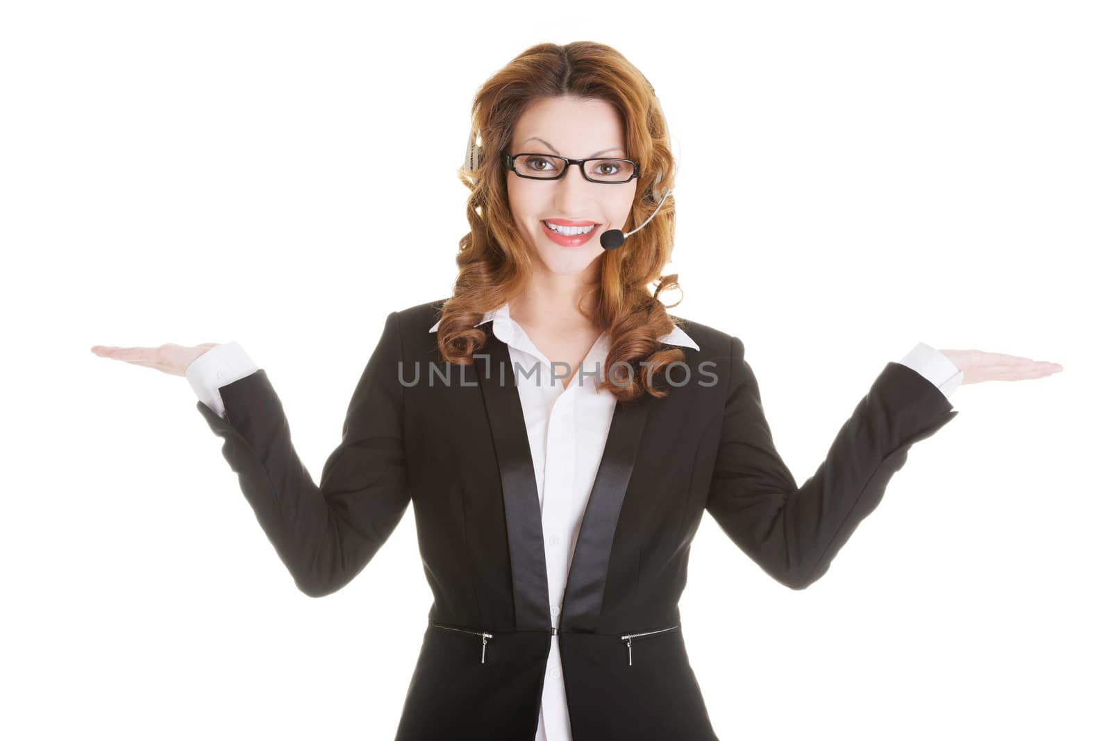 Call center assistant advertising copy space on her palm, isolated on white