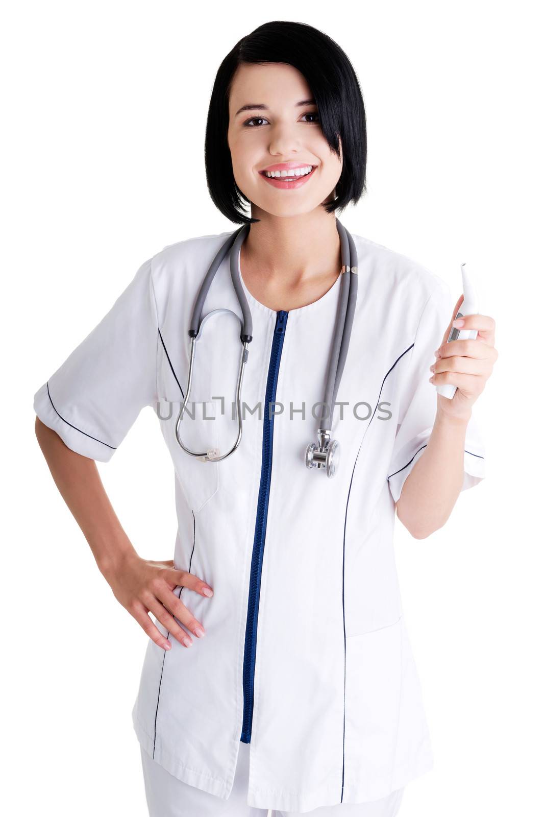 Female doctor or nurse holding digital thermometer by BDS