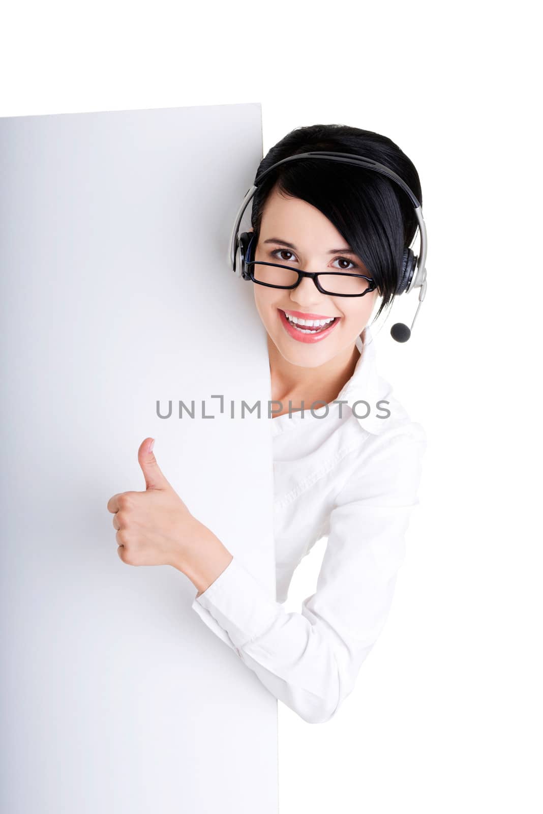 Call center worker holding blank sign board by BDS