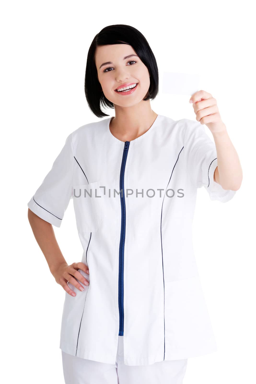 Woman doctor or nurse holding business card by BDS