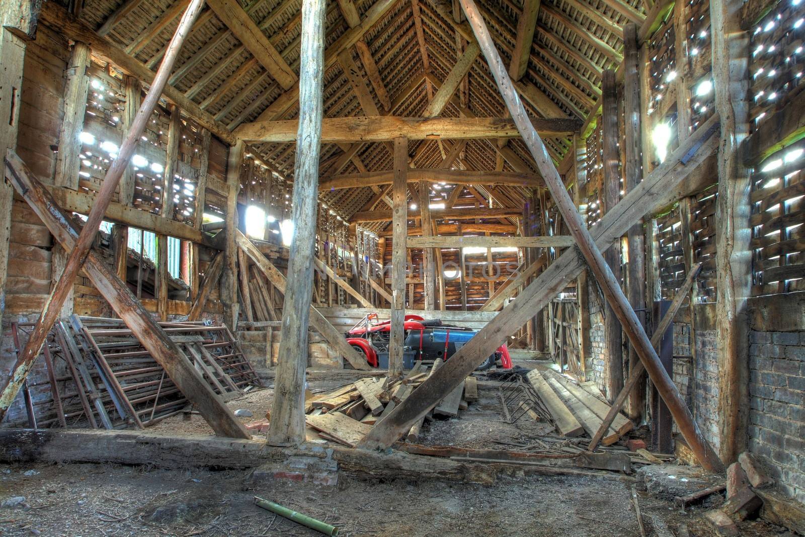 Large timber-framed and brick hay barn, Worcestershire, England.
