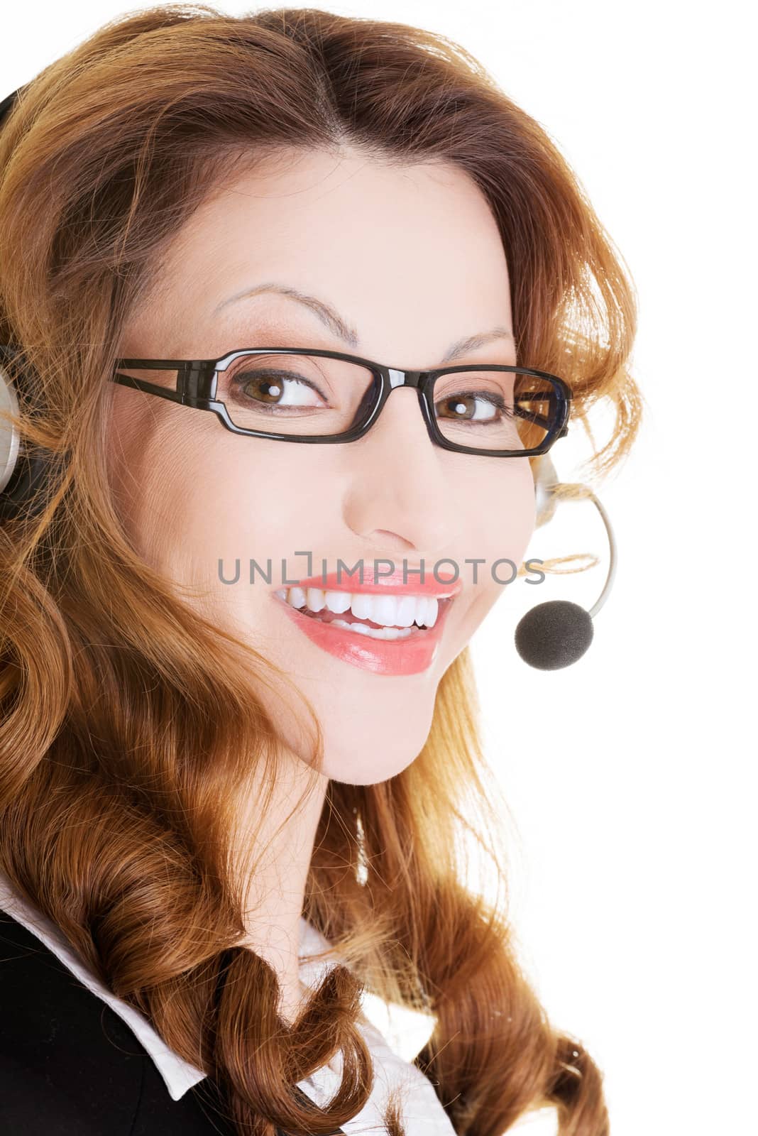 Beautiful call-center assistant smiling , isolated on white