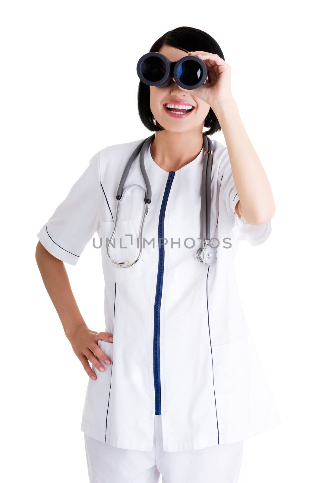 Looking in the futere of health care. Female doctor or nurse looking through binoculars.