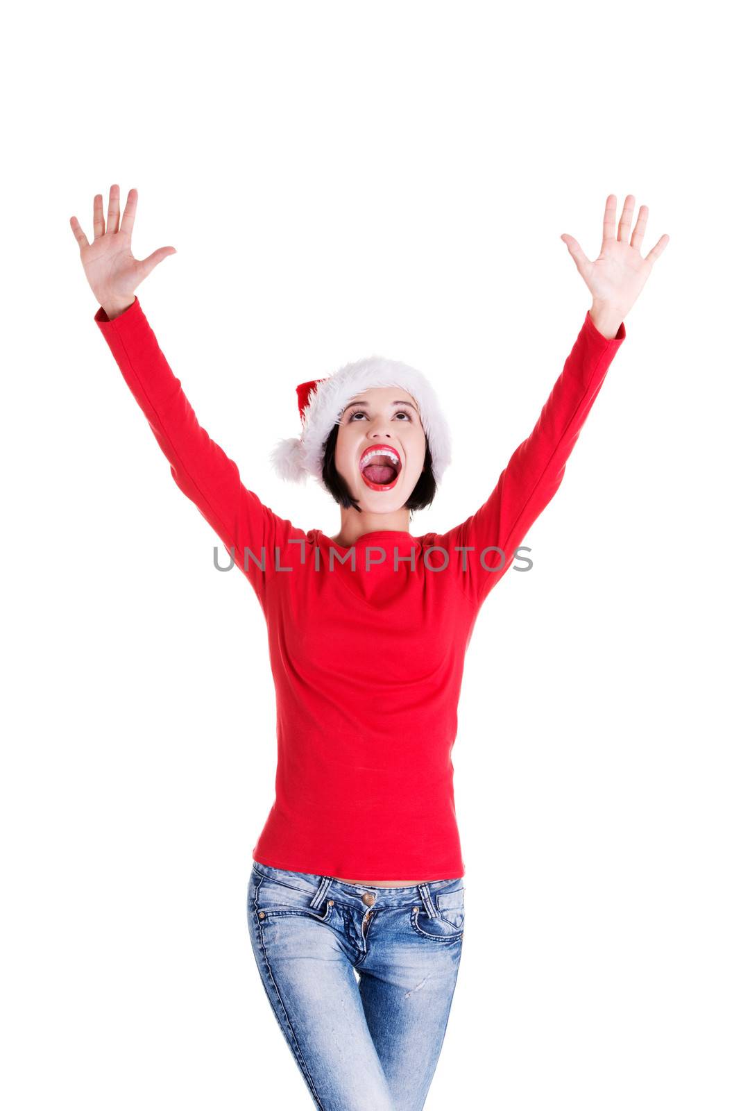 Happy santa woman, isolated on white