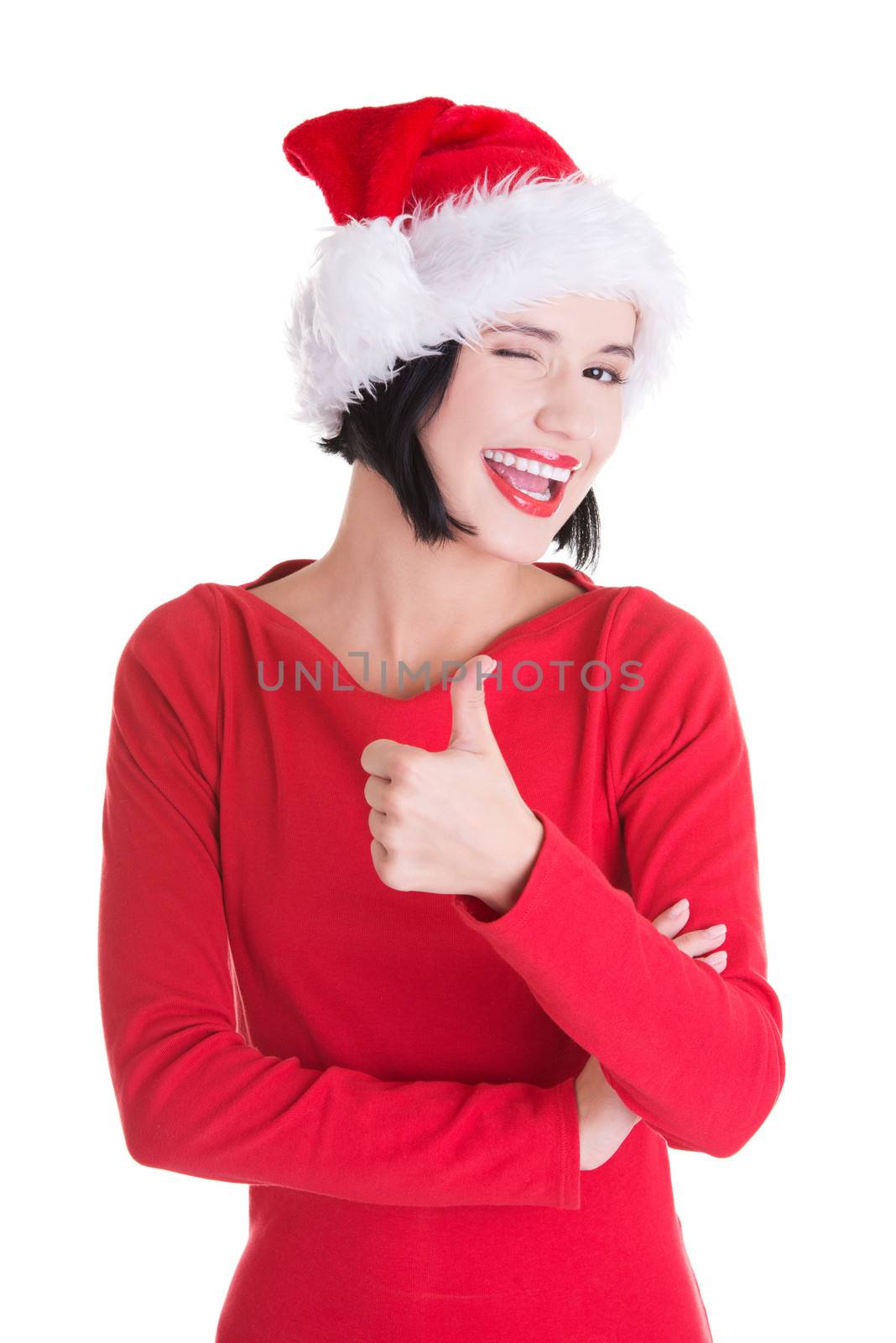 Happy santa woman, isolated on white