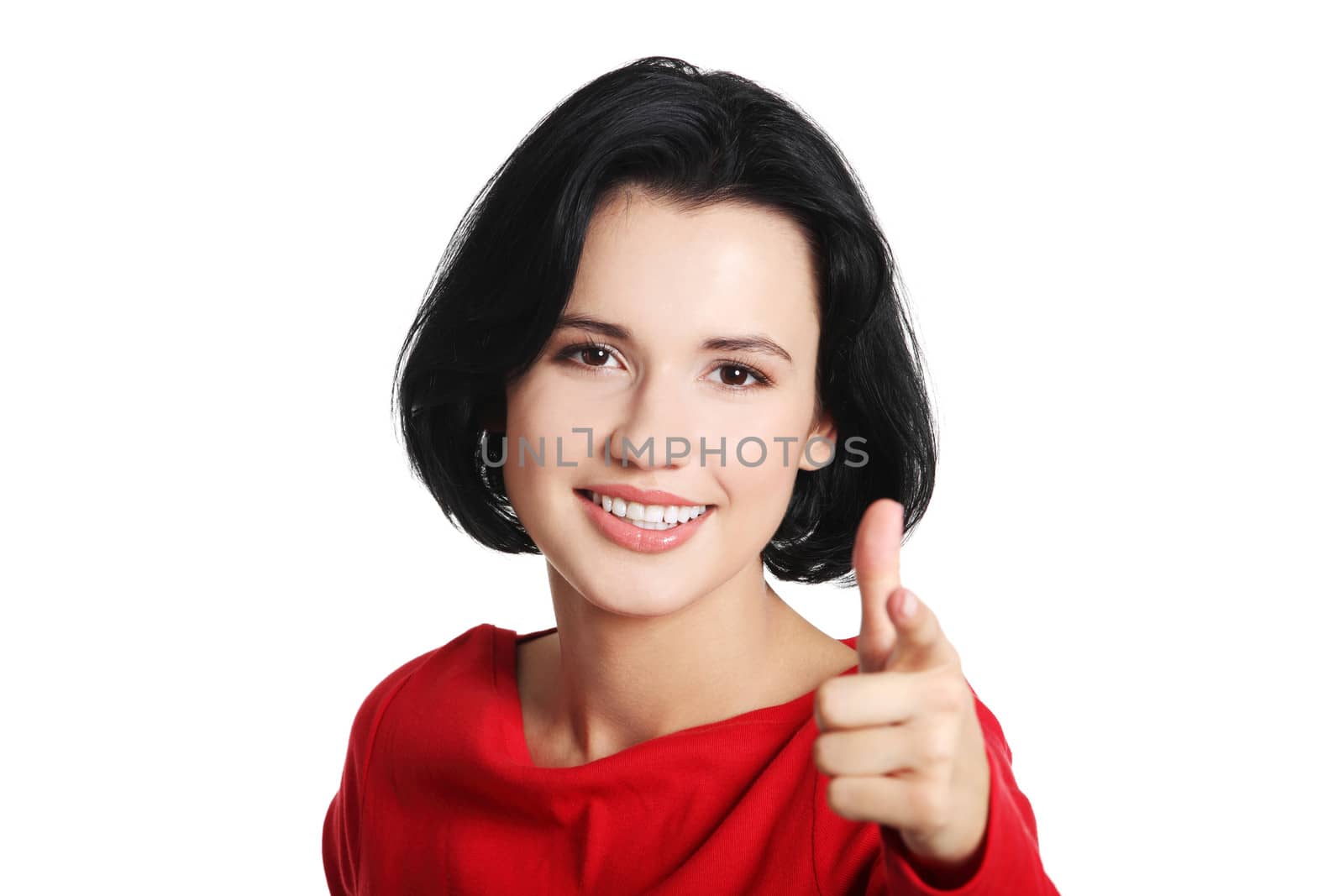 Young beautiful caucasian woman pointing on you ,isolated on white
