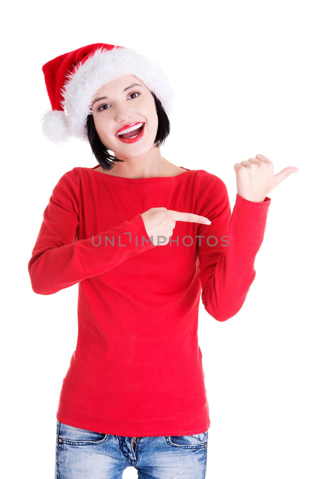 Santa woman pointing on side by BDS