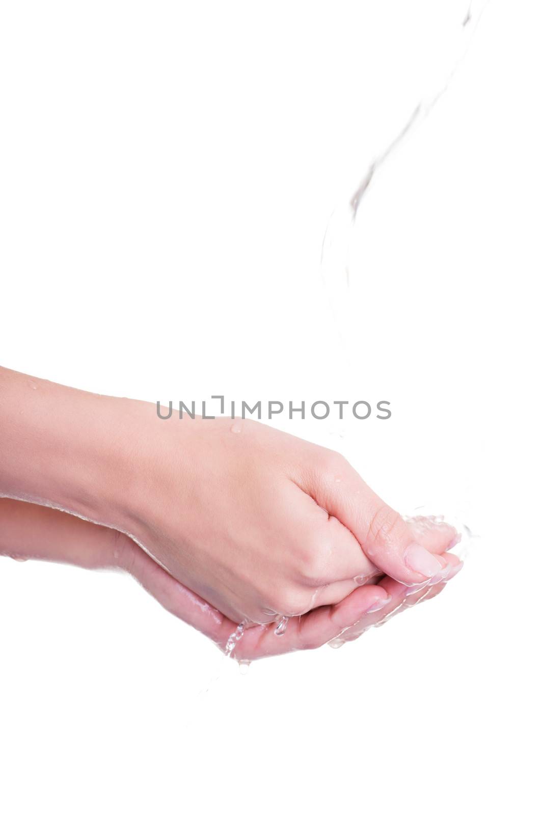 Pouring water splashing on hand, isolated on white