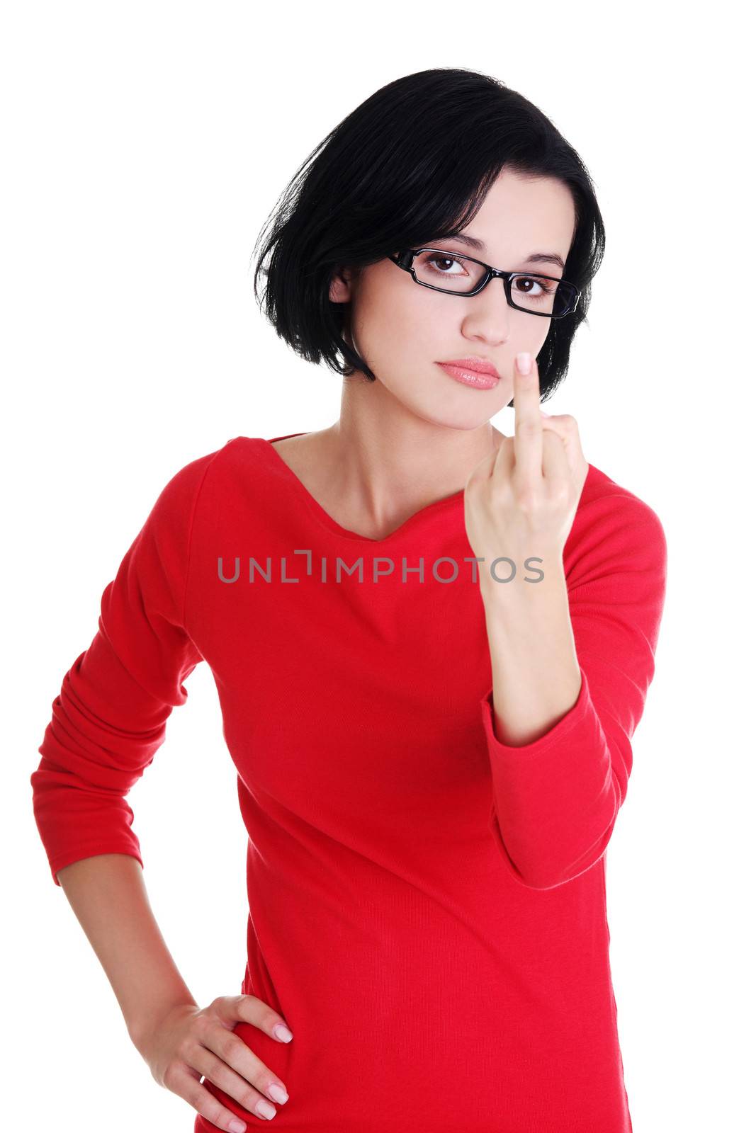 Teen girl with middle finger up, isolated on white background