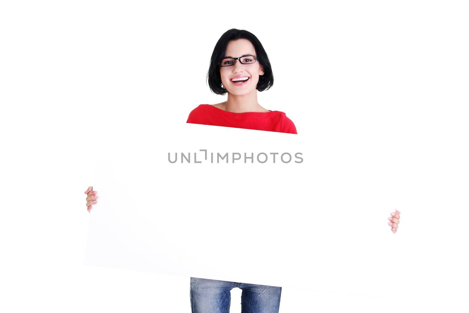 Portrait young happy woman with blank board , isolated on white