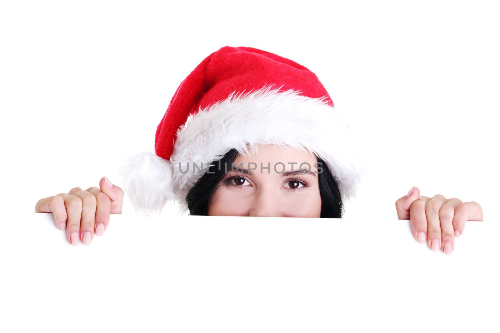 Santa girl holding blank board, isolated on white