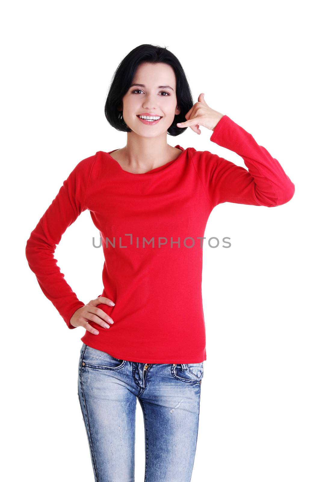 Young happy woman gesturing "call me"
