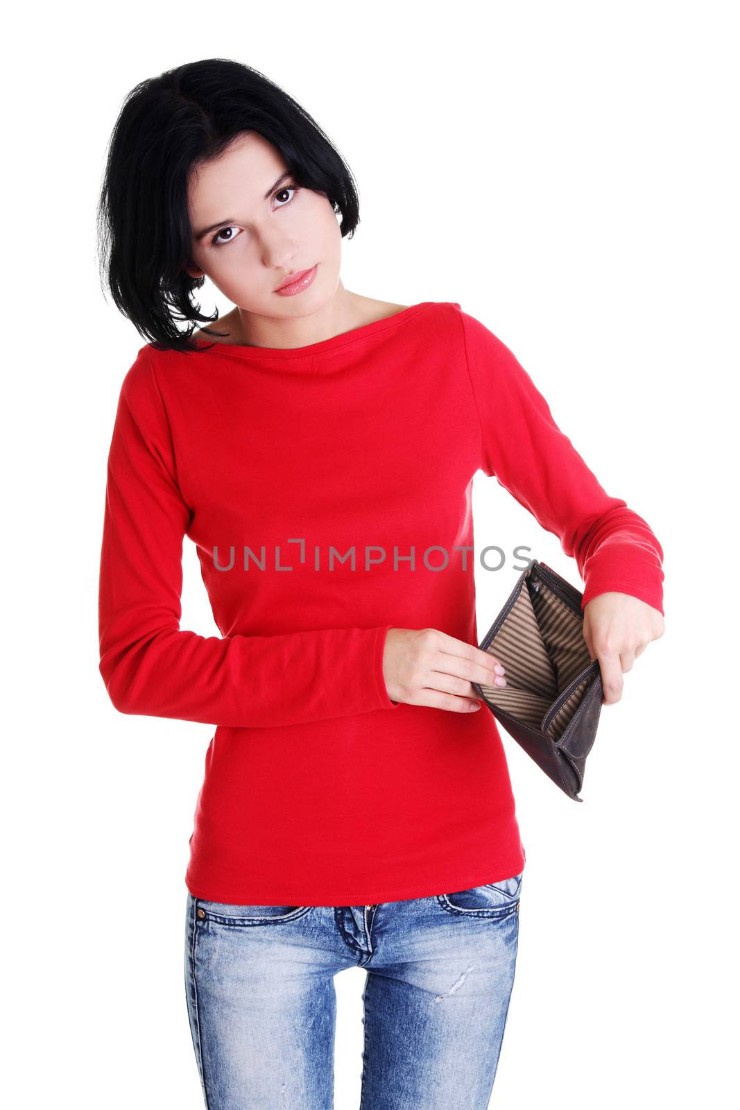 Young woman shows her empty wallet. by BDS