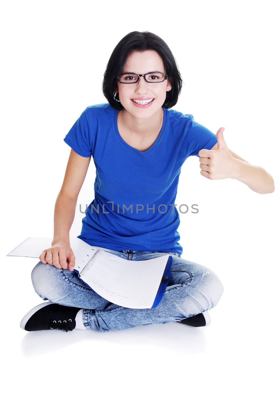 Student woman in casual clothes gesturing thumbs up by BDS