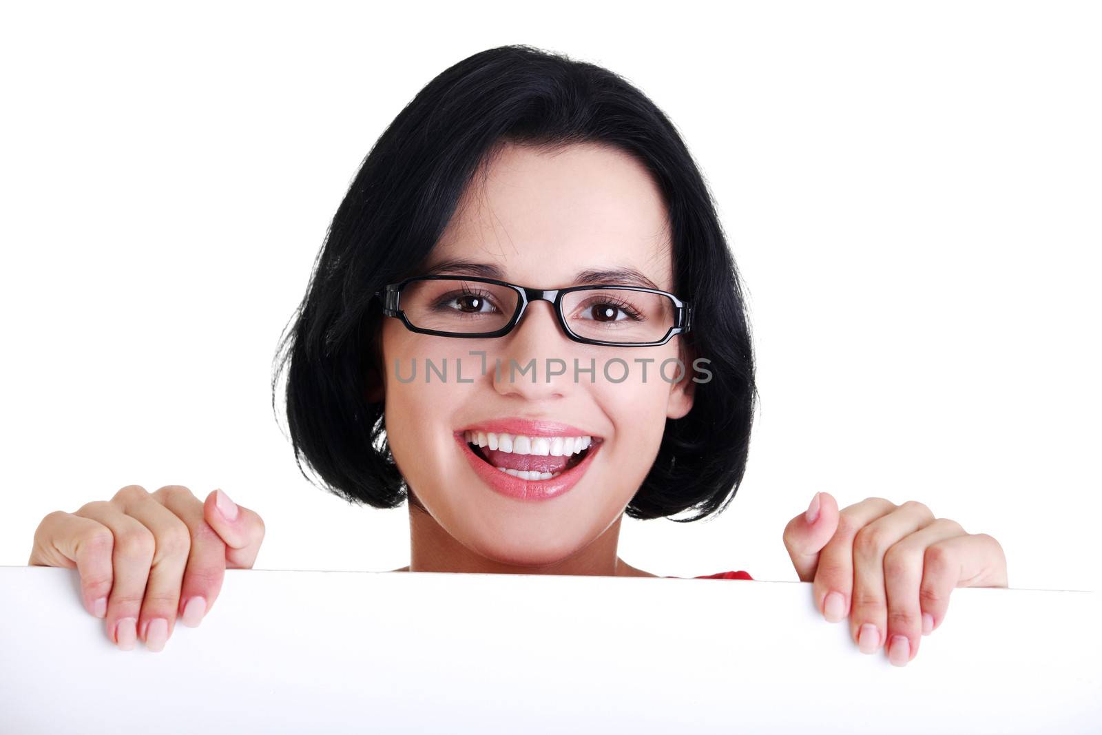 Portrait young happy woman with blank board by BDS