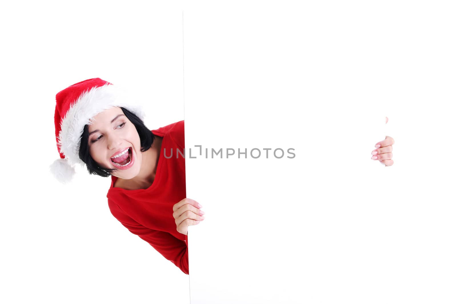 Santa girl holding blank board, isolated on white