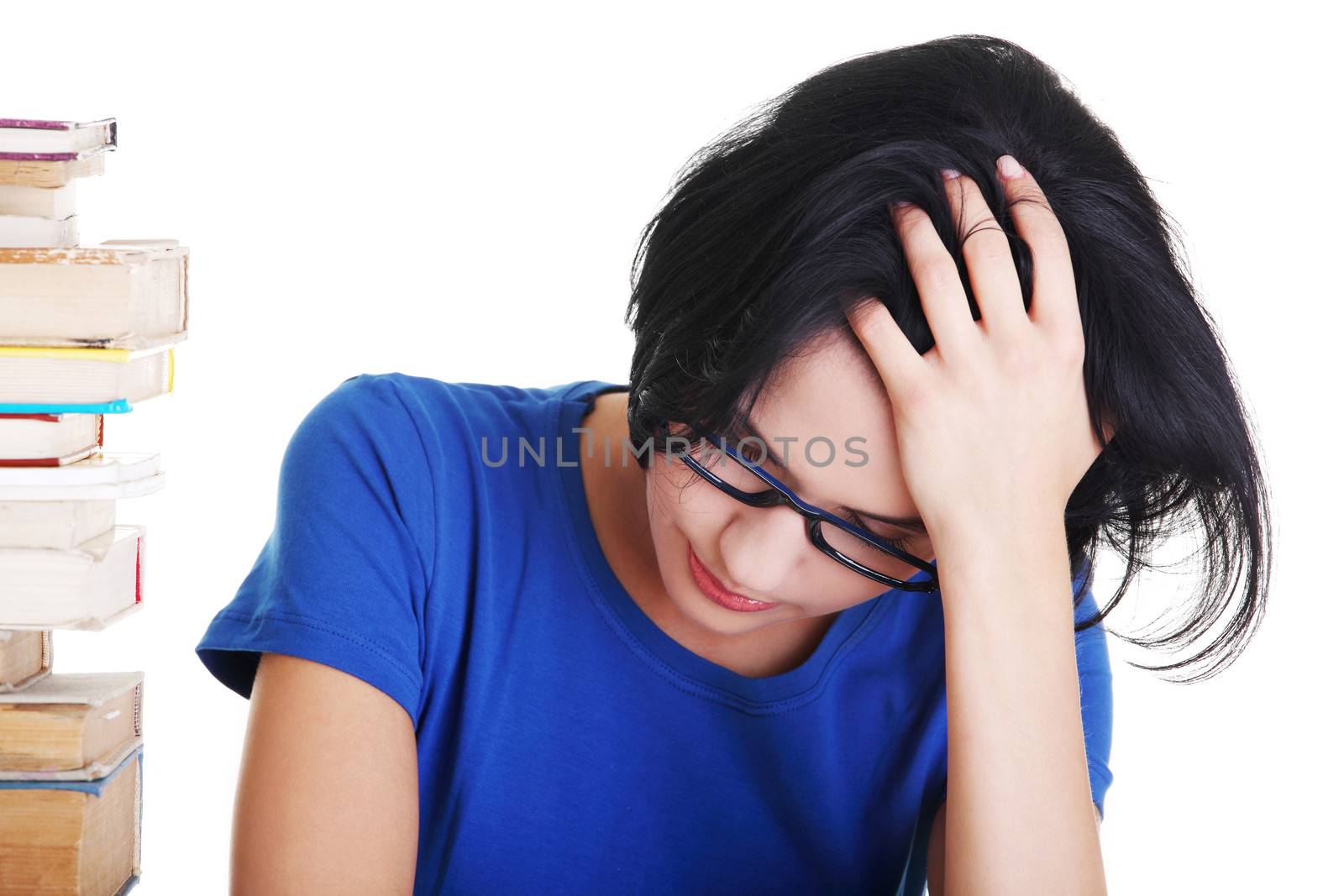 Sad female student with learning difficulties , isolated on white