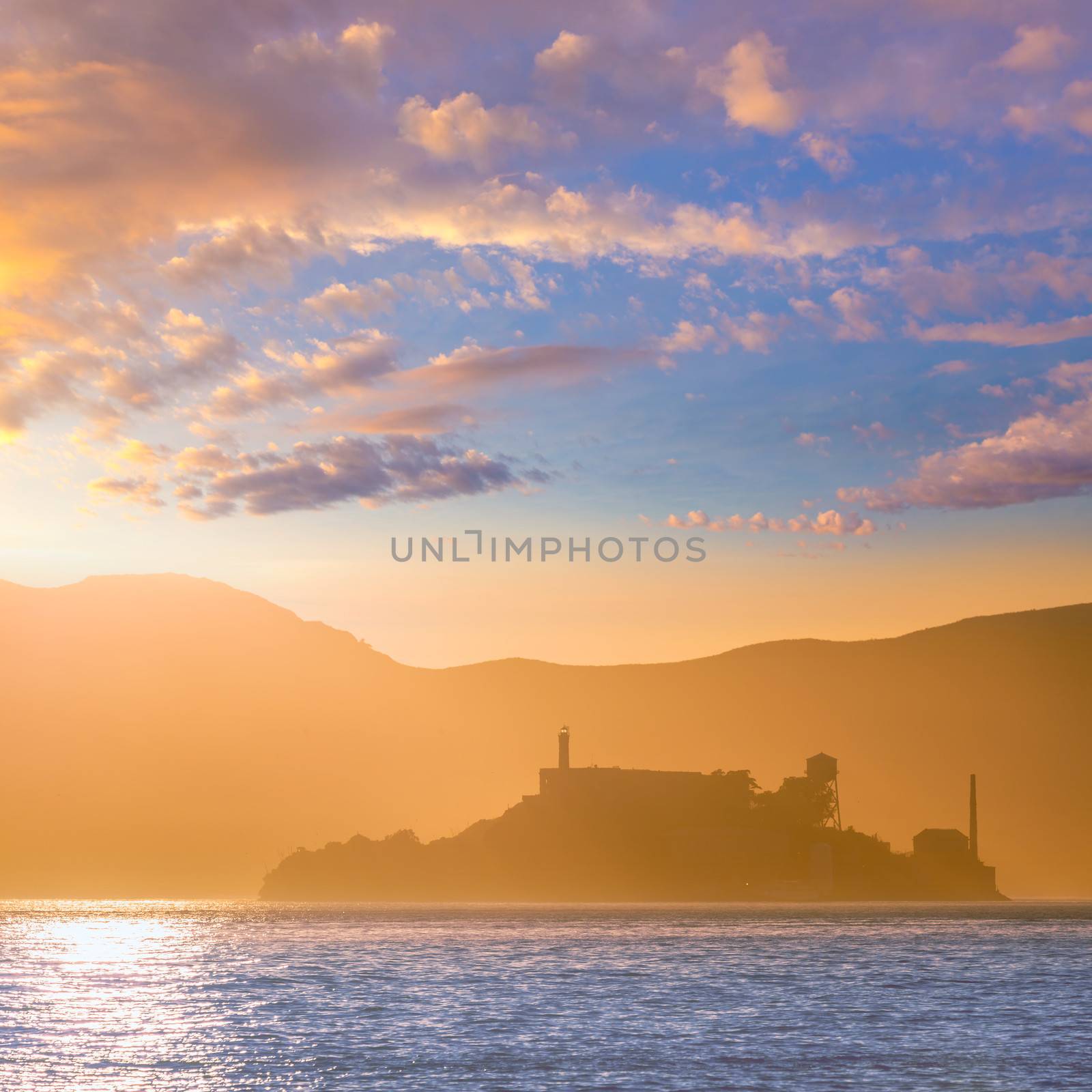 Alcatraz island penitentiary at sunset backlight in san Francisco California USA