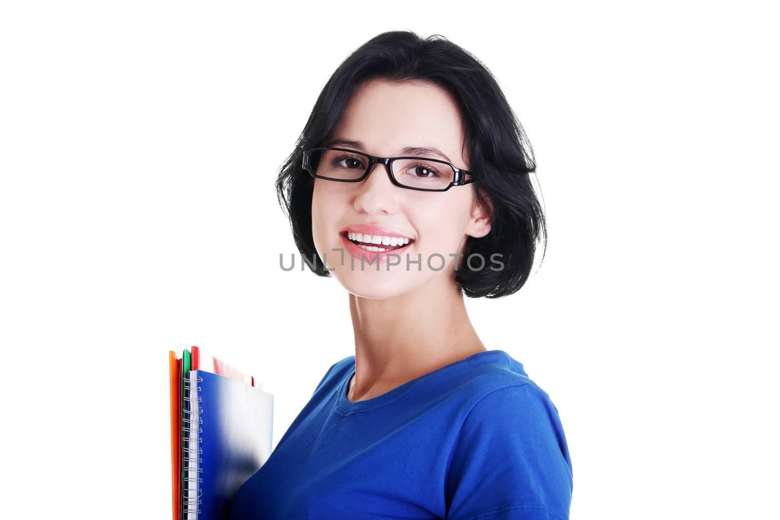 Happy student woman with notebooks, isoalted on white background