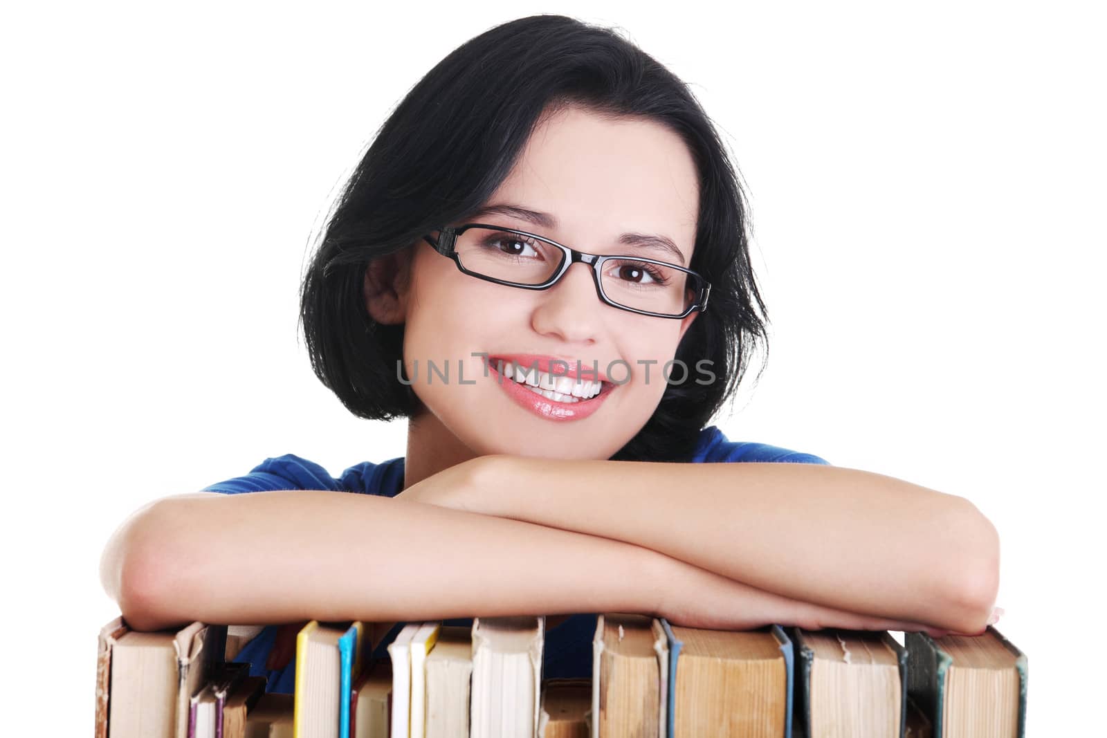 Happy smiling young student woman with books, isolated on white background