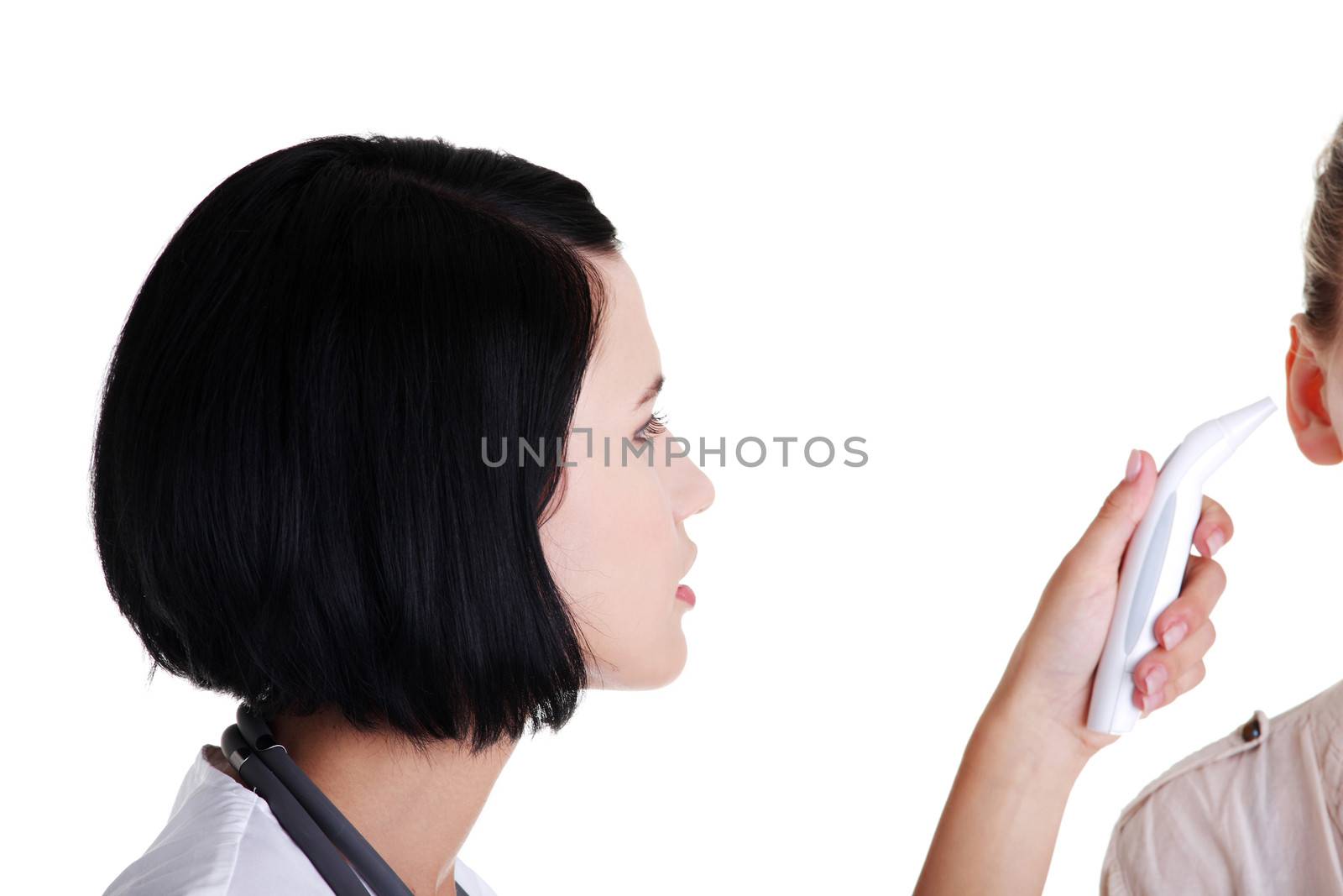 Female doctor or nurse checking temperature of her patient