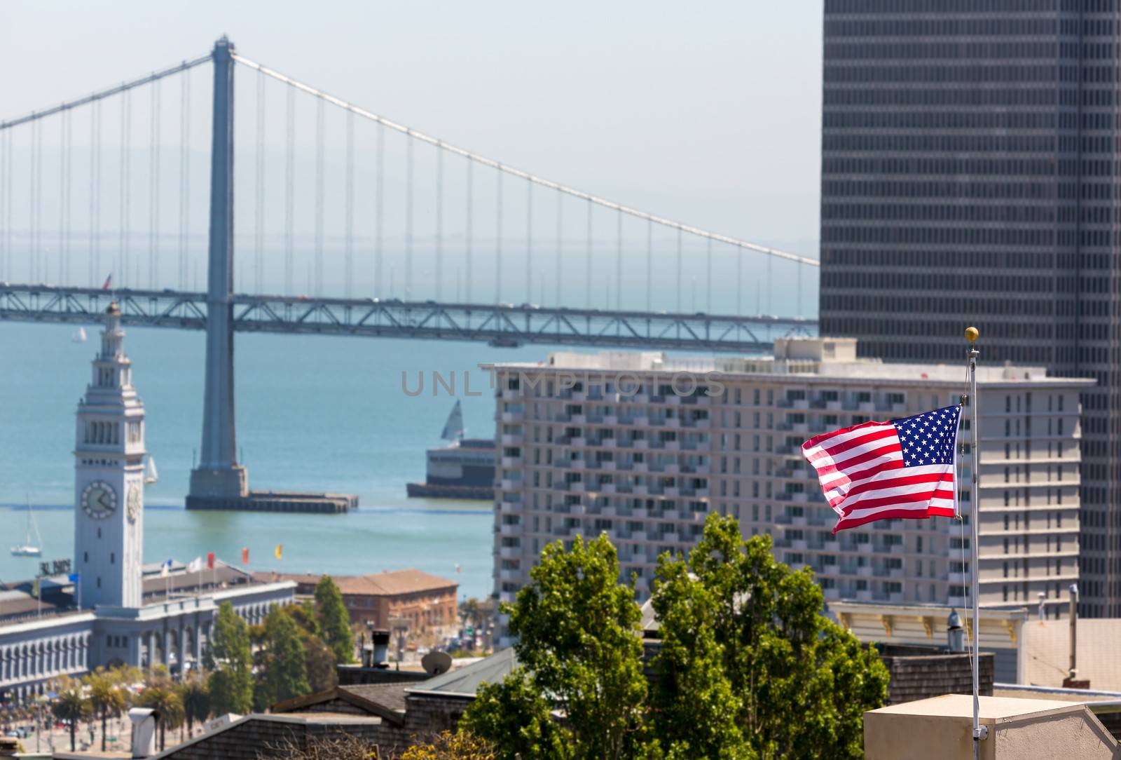 San Francisco USA American Flag Bay Bridge and Clock tower by lunamarina