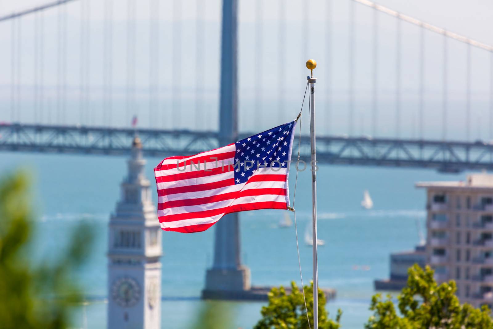 San Francisco USA American Flag Bay Bridge and Clock tower by lunamarina