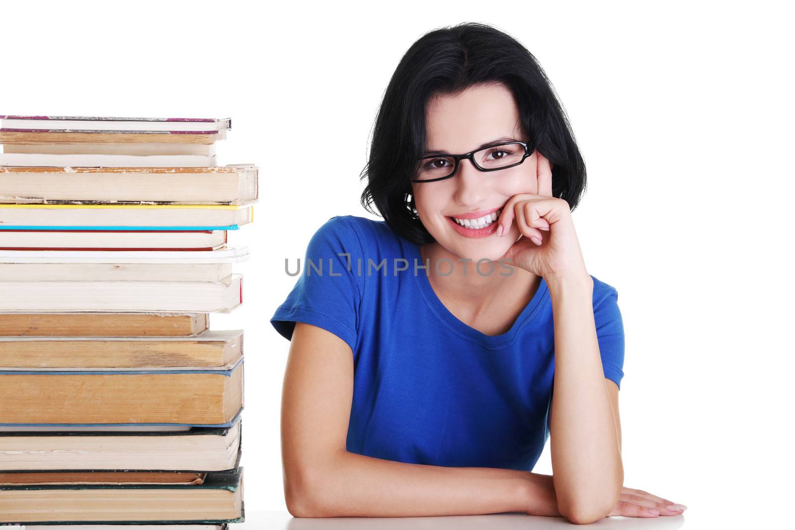 Happy smiling young student woman with books, isolated on white background