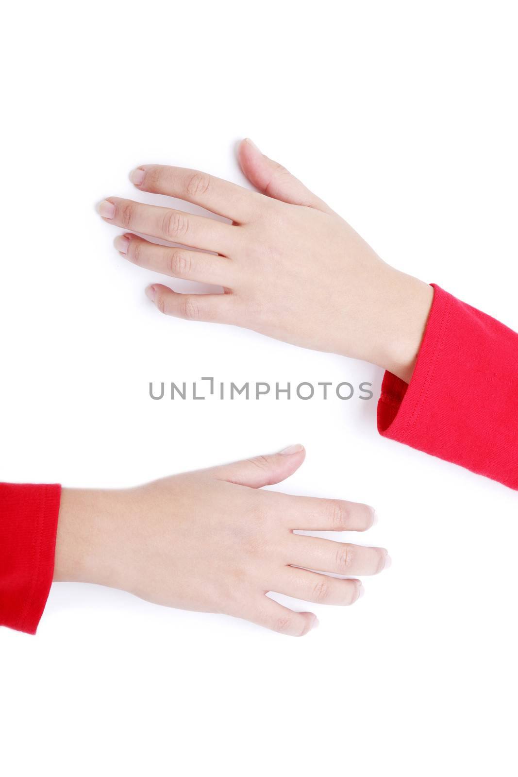 Overweight female hands holding (huging) blank board, isolated on white