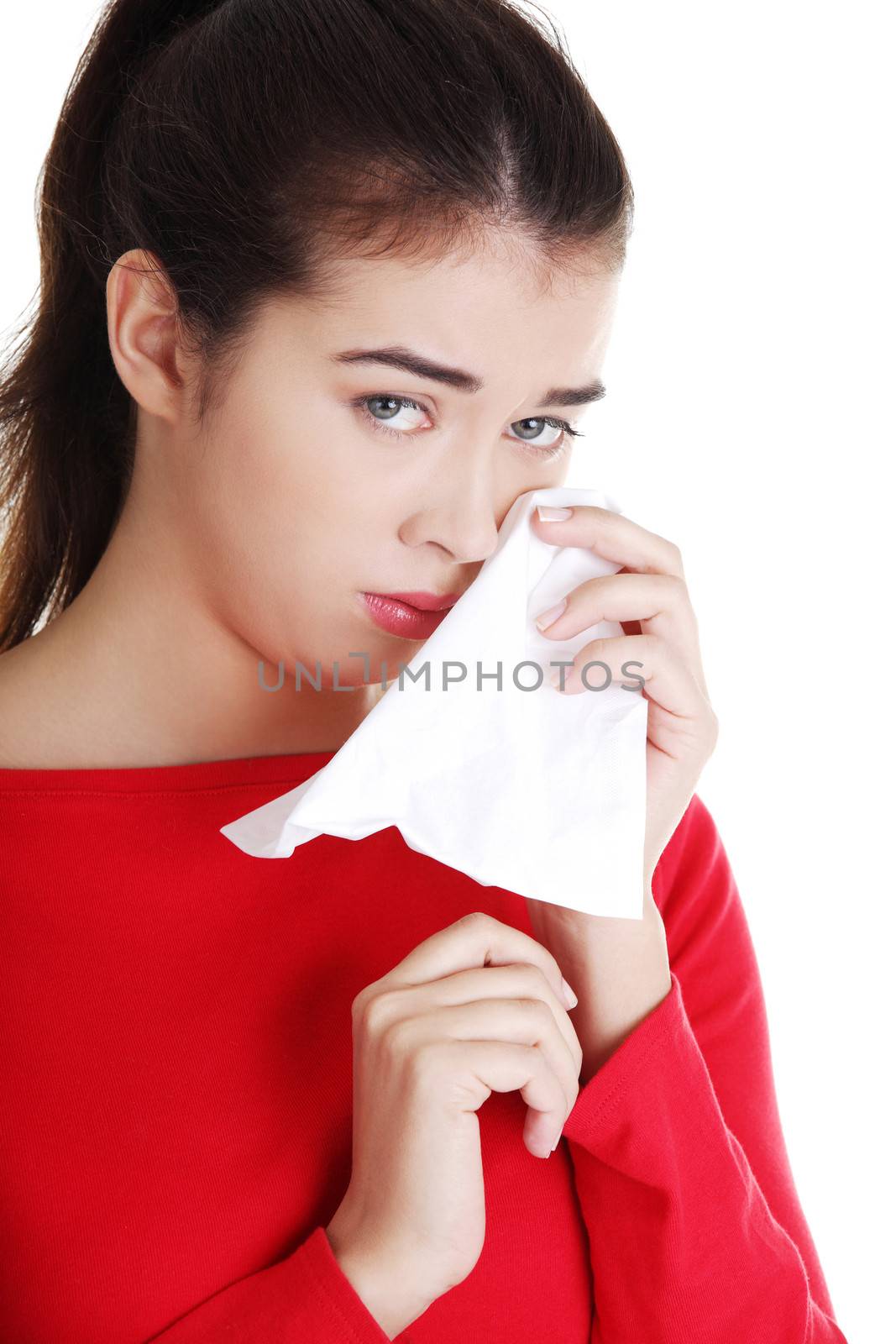 Crying woman, isolated on white background
