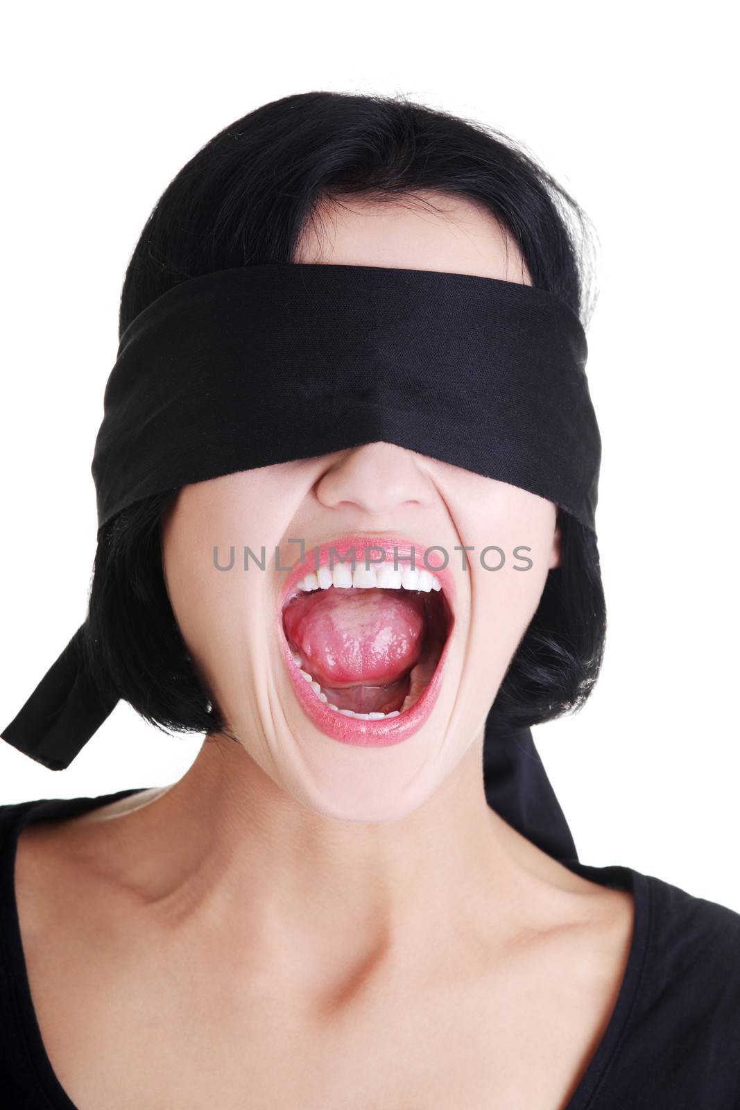 Portrait of young blindfold woman screaming by BDS