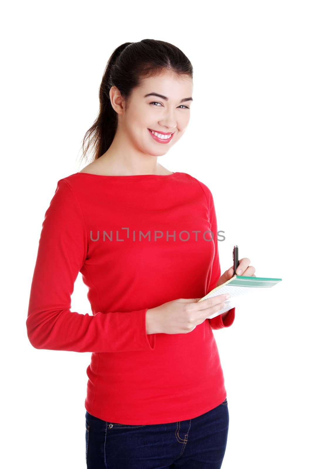 Portrait of happy smiling woman with notepad, isolated on white background
