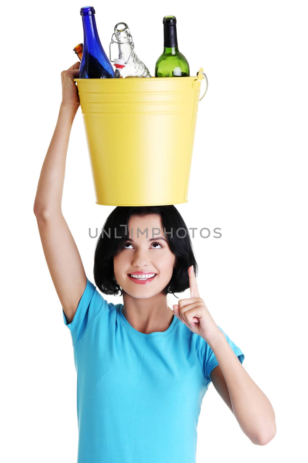 Beautiful young woman holding recycling bin by BDS
