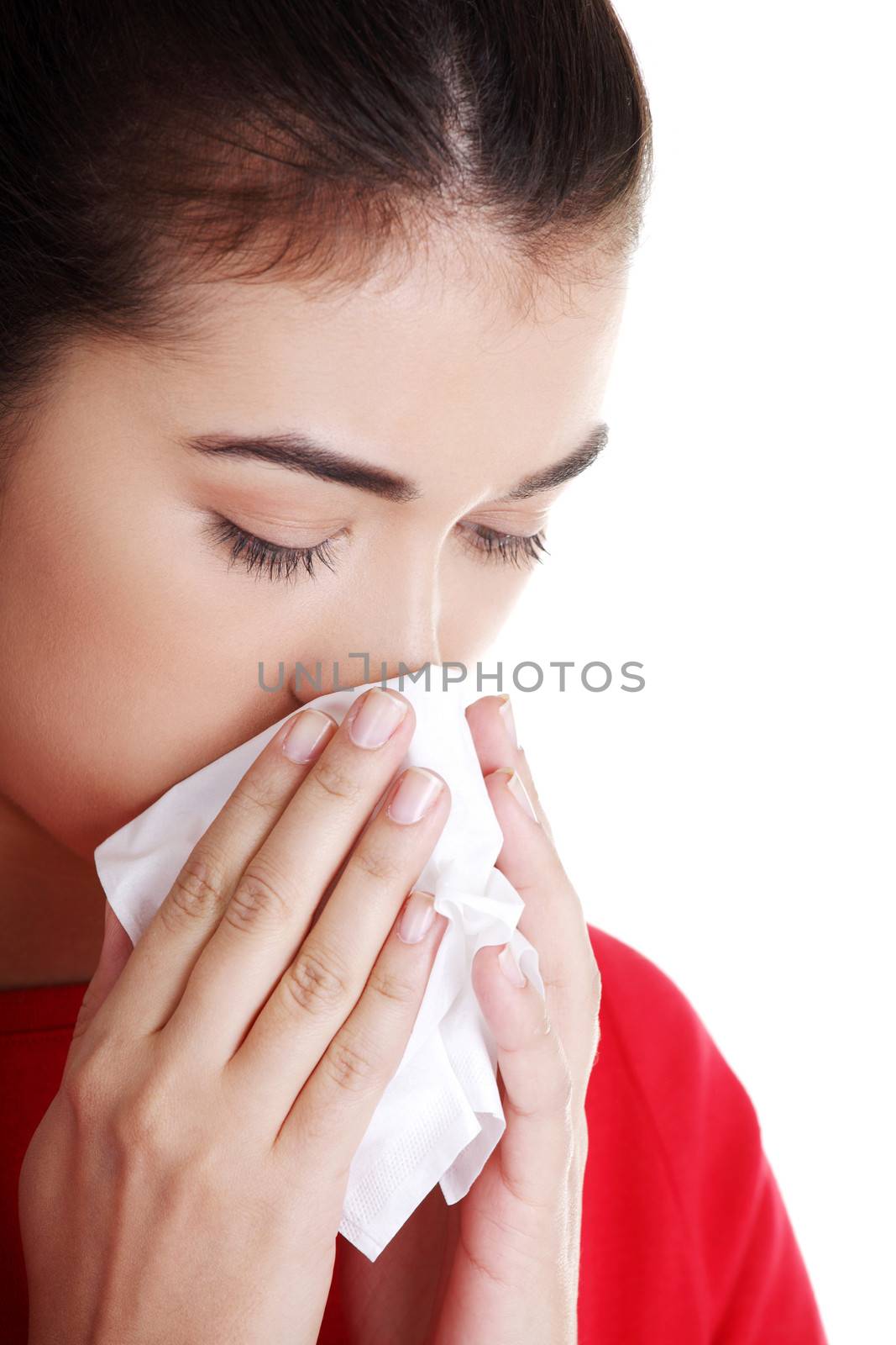 Teen woman with allergy or cold , isolated on white