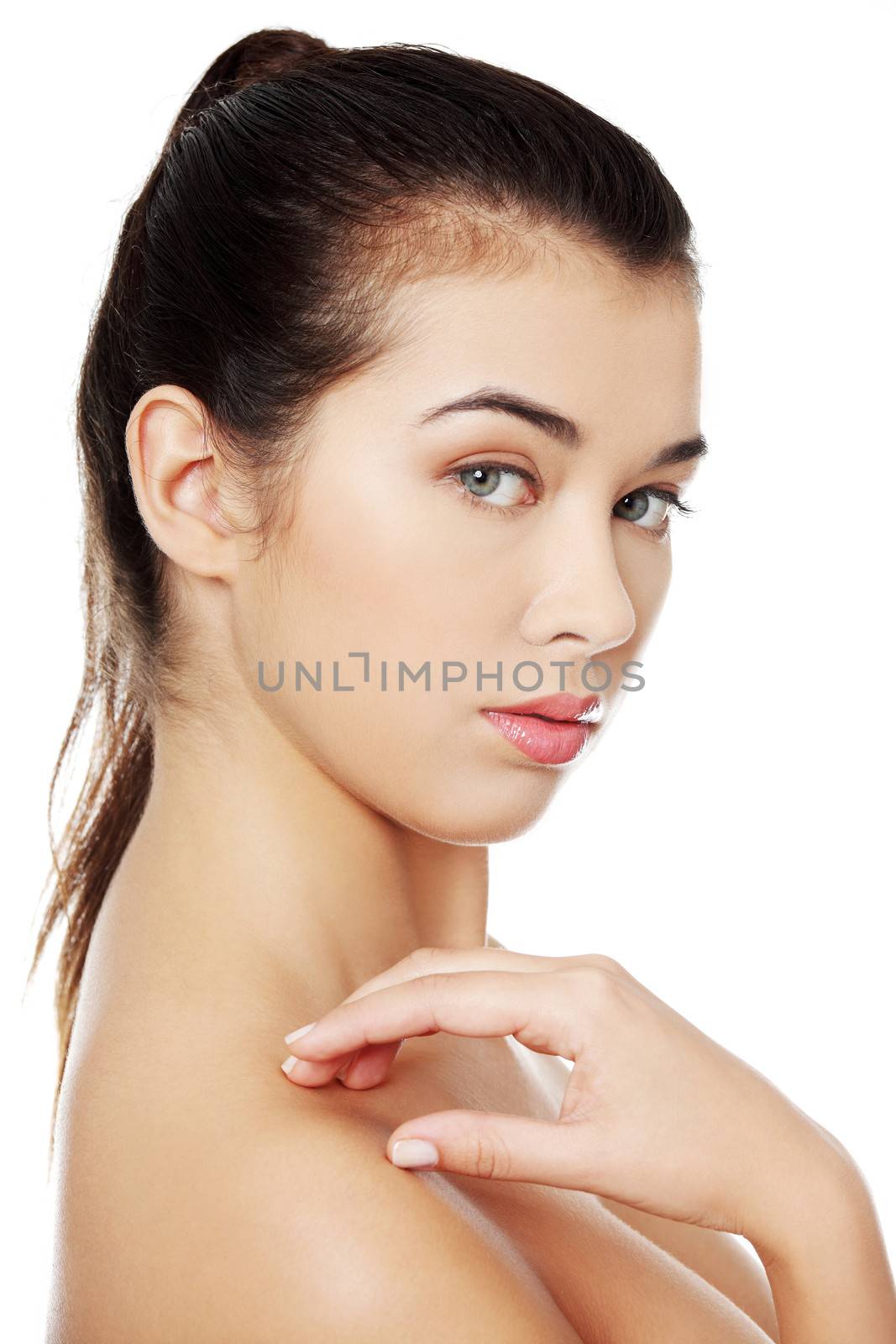 Portrait of a beautiful female model on white background